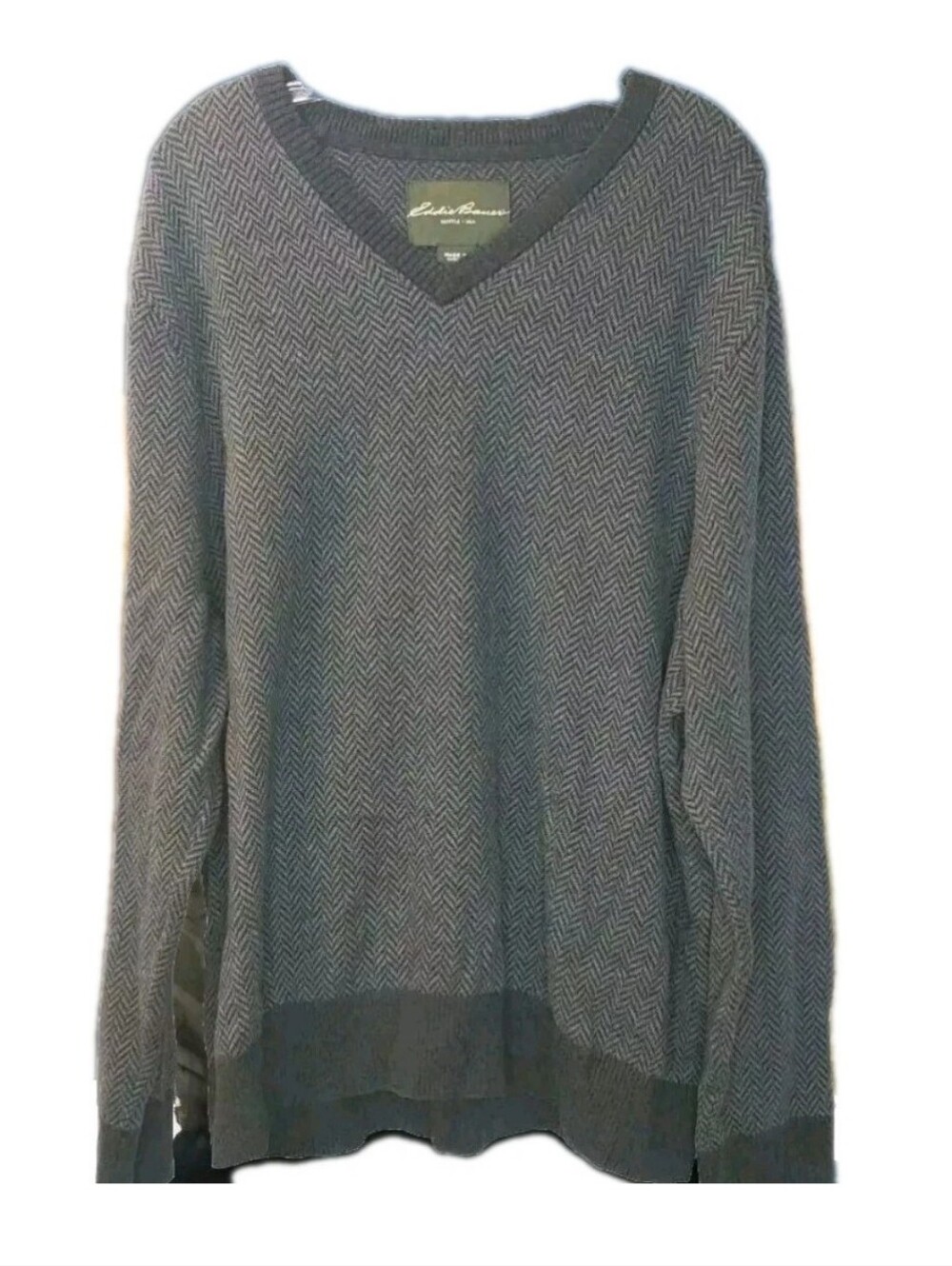 Eddie Bauer Men 2X Cashmere V-Neck Sweater Charcoal Grey Herringbone Knit Preppy